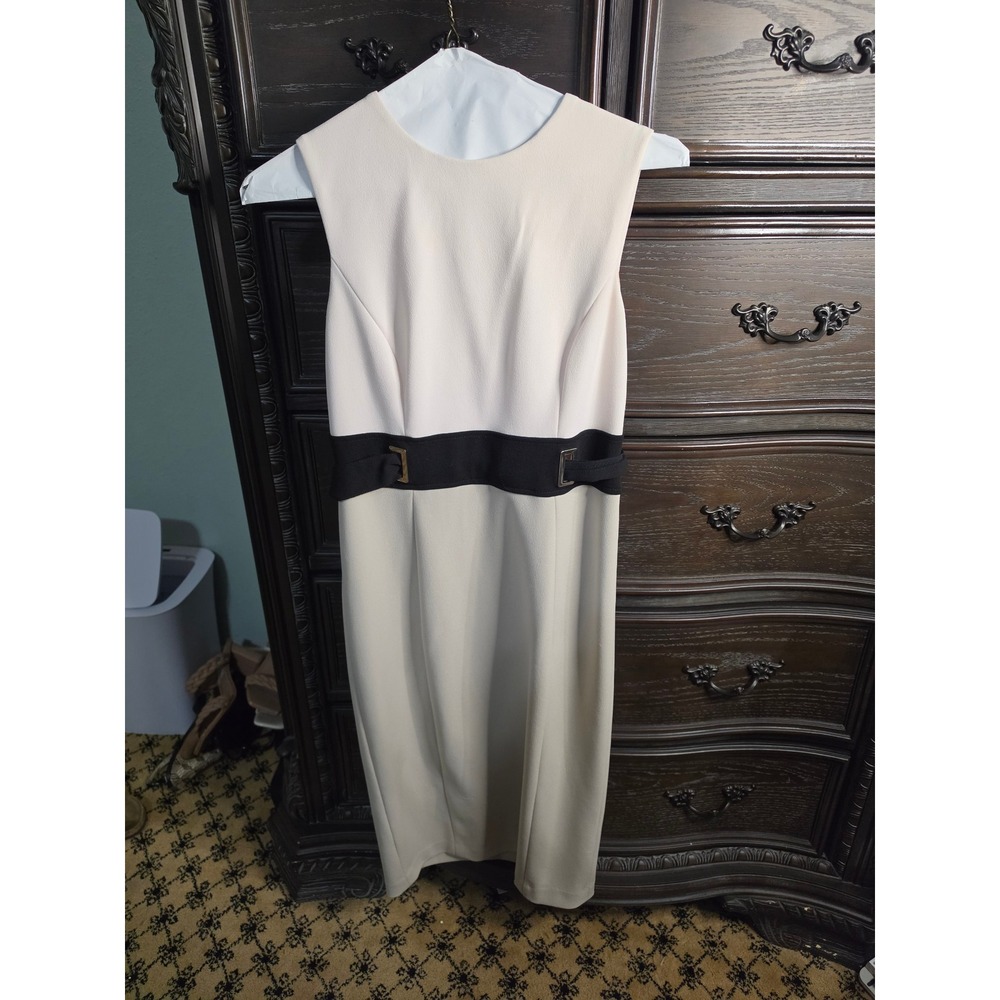 Calvin Klein Colorblock Sheath Dress Cream Beige Black Buckle CD9C17D4 Size 2